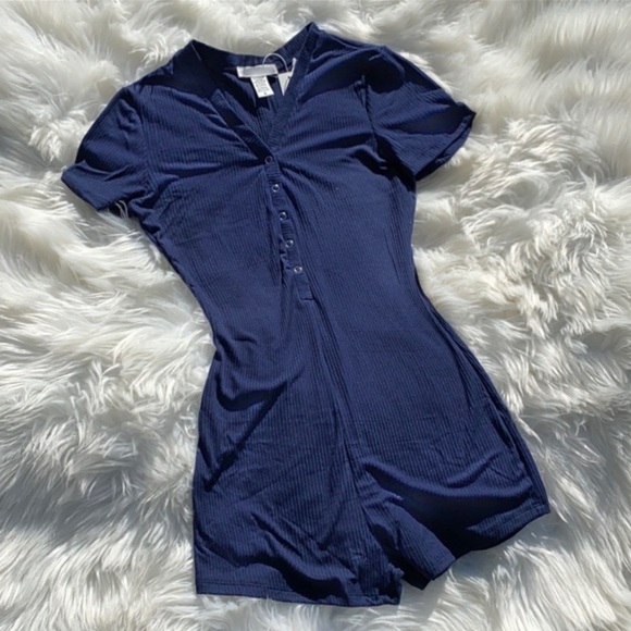 PrettyLittleThing Pants - Navy Blue Button Ribbed Romper